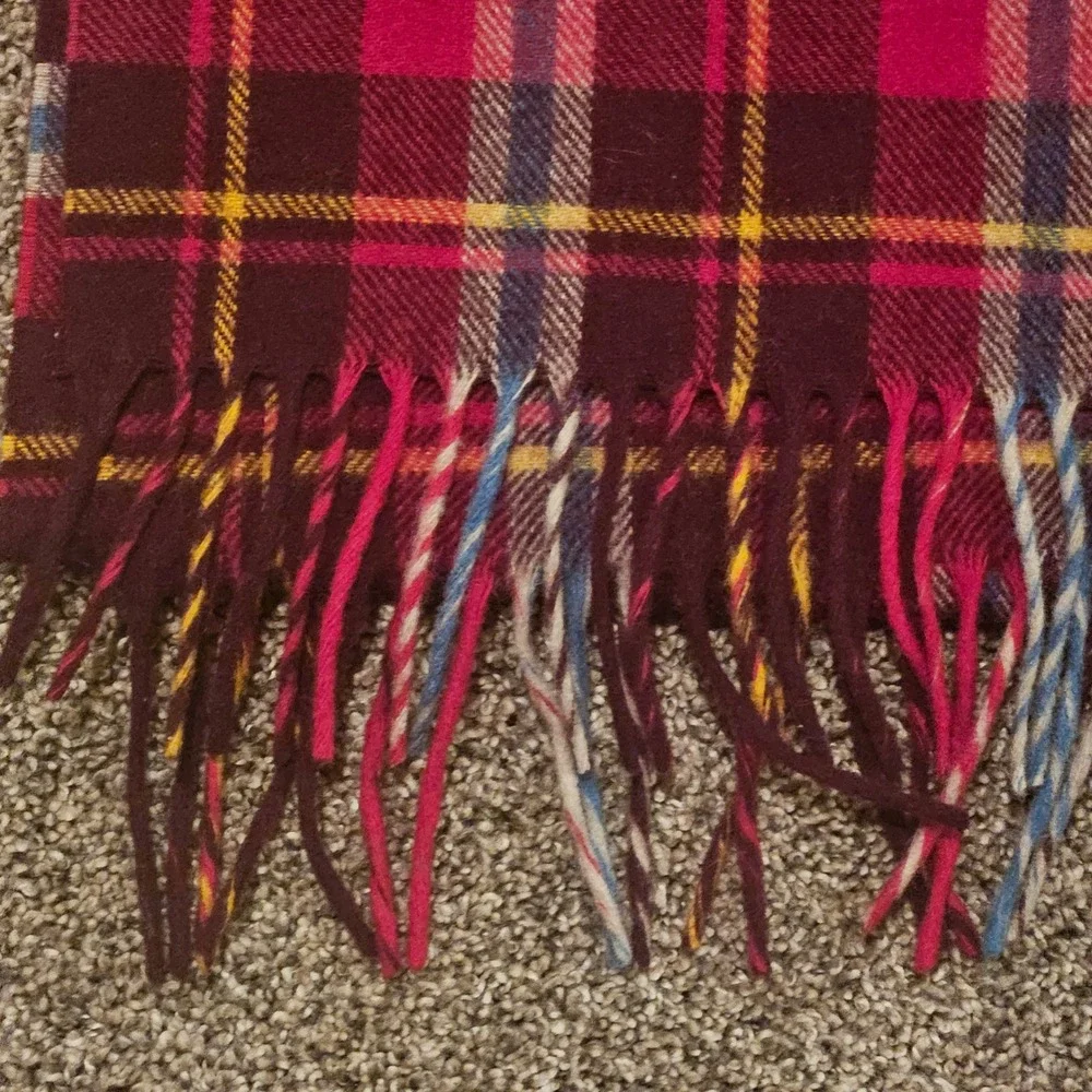 J.Crew Abraham Moon Plaid Scarf Burgundy Merino Wool Fringe Preppy British